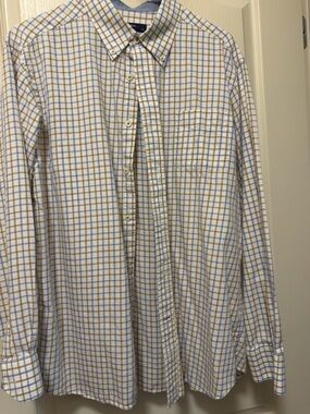 Daniel Cremieux White Plaid Dress Shirt with Blue & Tan Windowpane